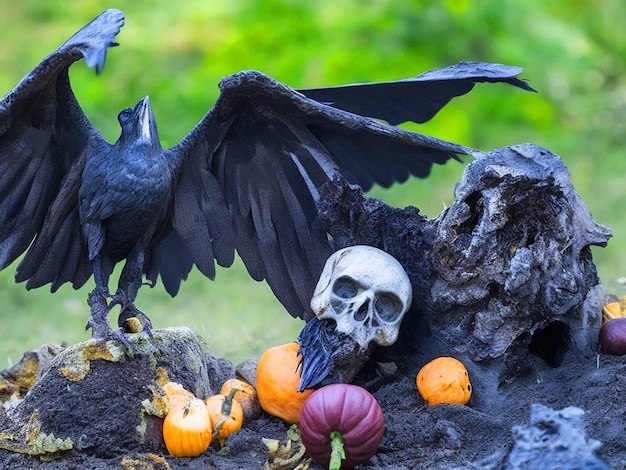 mano zombie y cuervo espeluznante en el cementerio de halloween Foto gratis