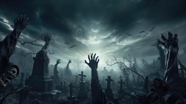Mano zombie saliendo de un cementerio en una noche espeluznante