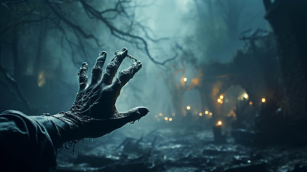 Foto mano de zombie tema de halloween con niebla en tonos oscuros