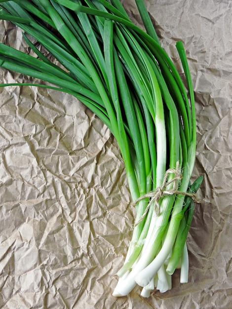 Un manojo de cebolla verde sobre papel arrugado.