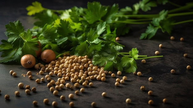 Un manojo de cilantro, cilantro y perejil están sobre una mesa.