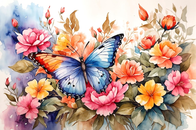 Manojo colorido de flores amp mariposas acuarela pintura ilustración sobre fondo blanco