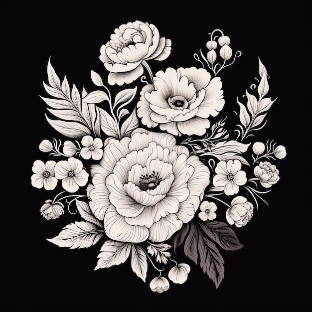 Manojo dibujado con flores de rosa y pequeña gypsophila aislada sobre fondo blanco Dibujo a lápiz monocromo elegante composición floral en diseño de tatuaje de camiseta de estilo vintage