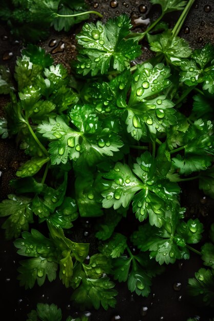 Manojo fresco de fondo sin costuras de cilantro adornado con brillantes gotas de agua