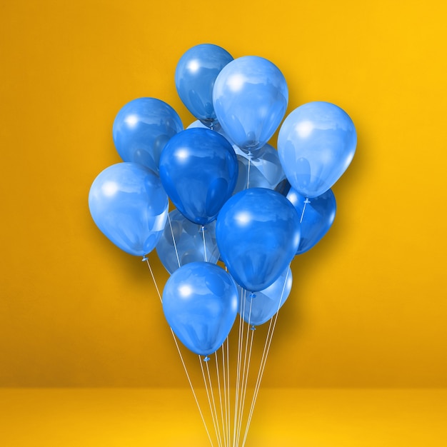 Manojo de globos azules sobre un fondo de pared amarilla. Render de ilustración 3D