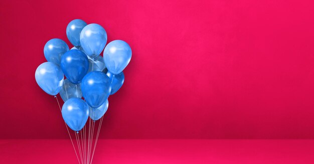 Manojo de globos azules sobre un fondo de pared rosa. Banner horizontal. Render de ilustración 3D