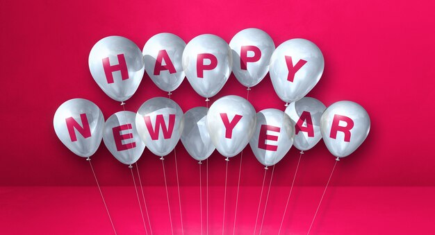 Manojo de globos blancos feliz año nuevo sobre un fondo de hormigón rosa. Banner horizontal. Ilustración 3D render