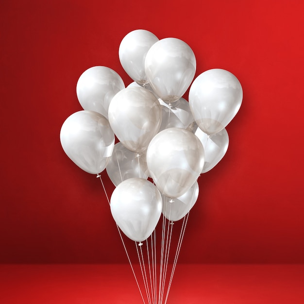 Manojo de globos blancos sobre un fondo de pared roja. Ilustración 3D render