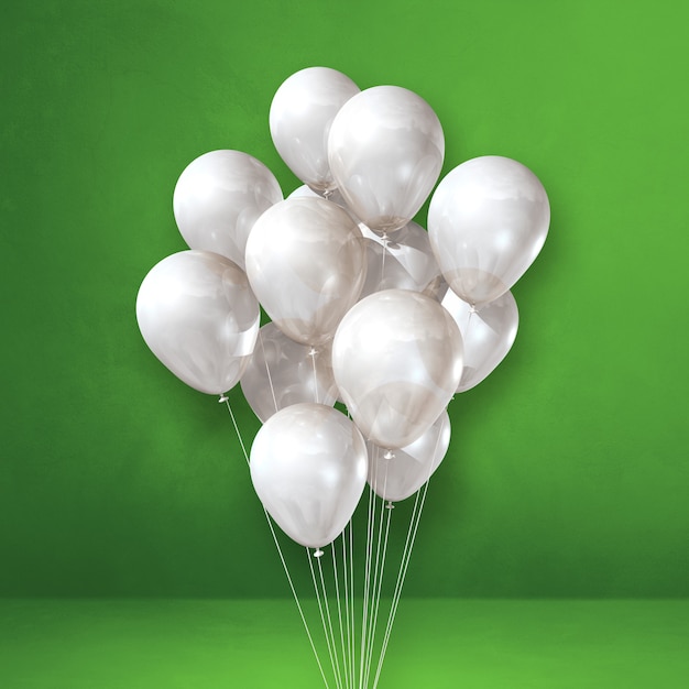 Manojo de globos blancos sobre un fondo de pared verde. Ilustración 3D render