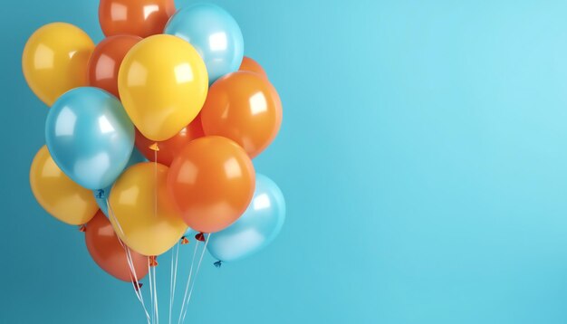 Manojo de globos brillantes sobre fondo azul con espacio de copia Generativo ai