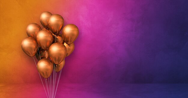 Manojo de globos de cobre sobre un fondo de pared de arco iris. Banner horizontal. Render de ilustración 3D