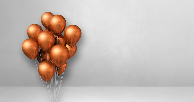 Manojo de globos de cobre sobre un fondo de pared blanca. Banner horizontal. Render de ilustración 3D