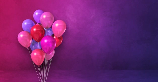 Manojo de globos de color rosa sobre un fondo de pared púrpura. Banner horizontal. Ilustración 3D render