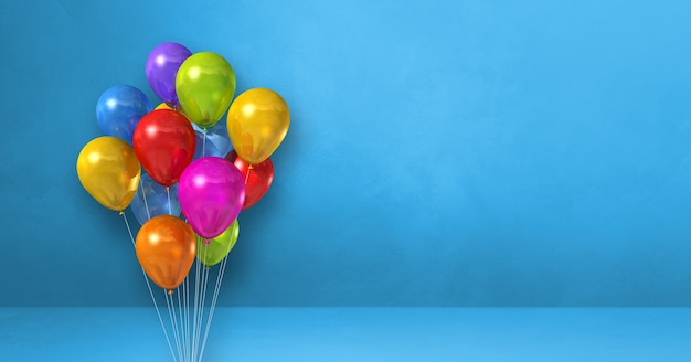 Manojo de globos de colores sobre un fondo de pared azul. Banner horizontal. Ilustración 3D render