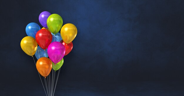 Manojo de globos de colores sobre un fondo de pared negra. Banner horizontal. Ilustración 3D render