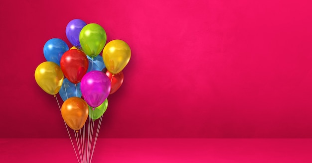 Manojo de globos de colores sobre un fondo de pared rosa. Banner horizontal. Ilustración 3D render