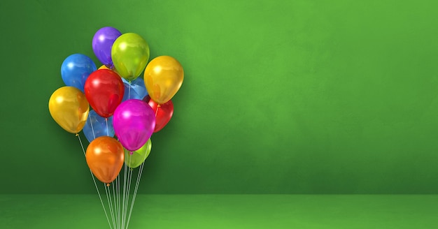 Manojo de globos de colores sobre un fondo de pared verde. Banner horizontal. Ilustración 3D render