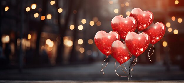 Manojo de globos de corazón rojo del día de San Valentín atados aislados en un fondo borroso con luces bokeh