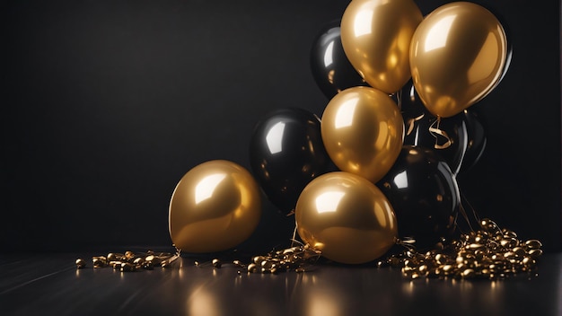 Manojo de globos dorados sobre un fondo de pared negro con espacio para texto