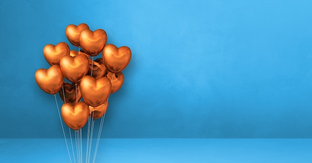 Manojo de globos con forma de corazón de cobre sobre un fondo de pared azul. . Ilustración 3D render