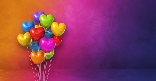 Manojo de globos de forma de corazón colorido sobre un fondo de pared de arco iris. Banner horizontal. Ilustración 3D render