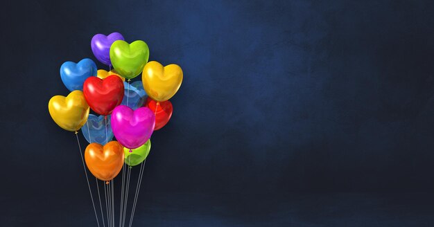 Manojo de globos de forma de corazón colorido sobre un fondo de pared negra. Banner horizontal. Render de ilustración 3D