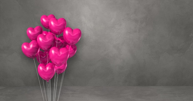 Manojo de globos de forma de corazón rosa sobre un fondo de pared gris. Banner horizontal. Ilustración 3D render