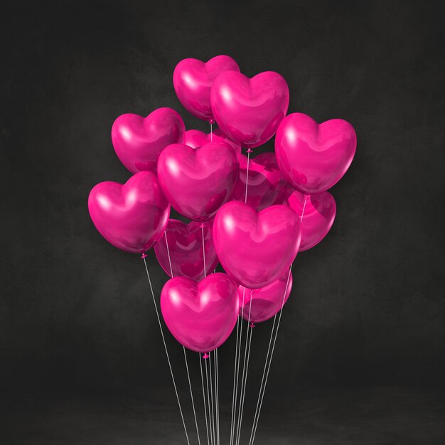 Manojo de globos con forma de corazón rosa sobre un fondo de pared negra. Ilustración 3D render