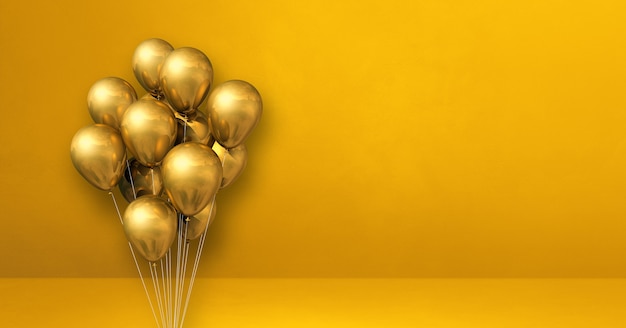 Foto manojo de globos de oro sobre un fondo de pared amarilla. banner horizontal. ilustración 3d render