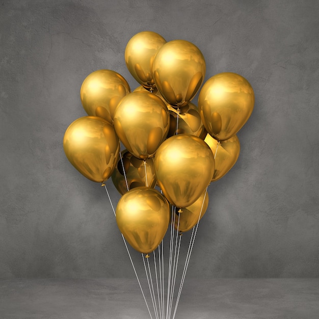 Manojo de globos de oro sobre un fondo de pared gris. Ilustración 3D render