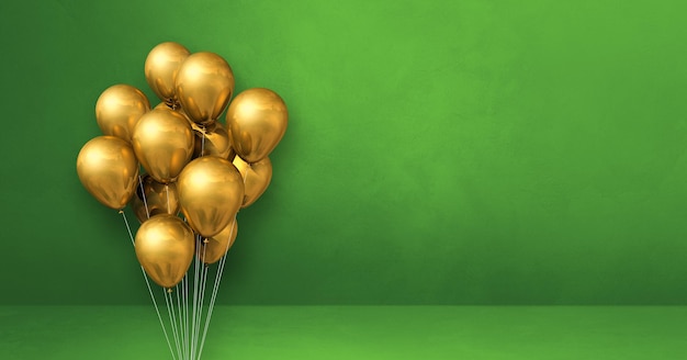 Foto manojo de globos de oro sobre un fondo de pared verde. banner horizontal. render de ilustración 3d