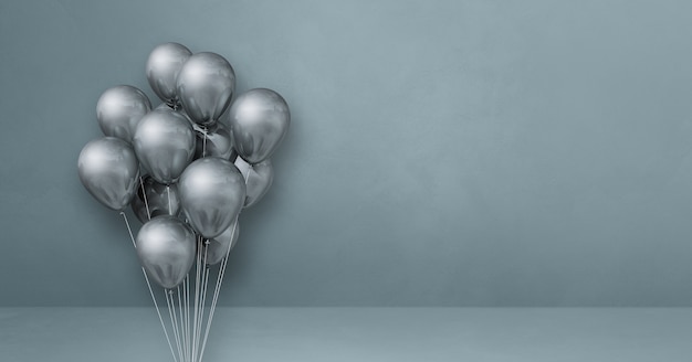 Foto manojo de globos plateados sobre un fondo de pared gris. banner horizontal. ilustración 3d render