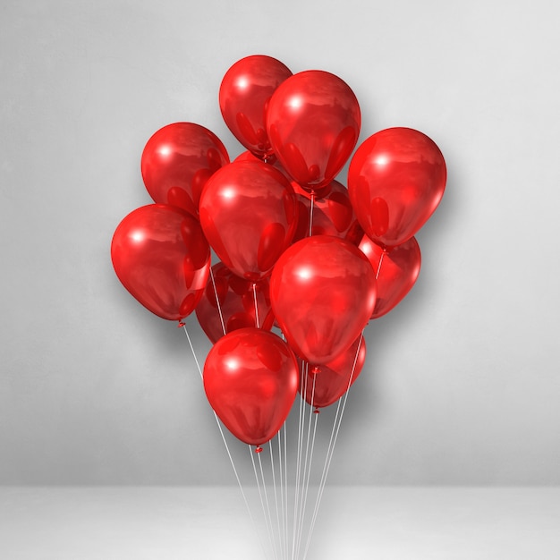 Manojo de globos rojos sobre un fondo de pared blanca. Ilustración 3D render