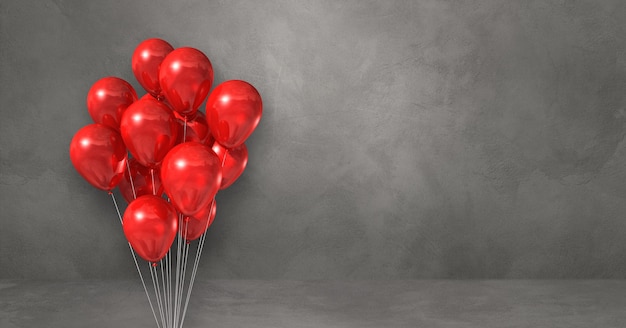 Foto manojo de globos rojos sobre un fondo de pared gris. banner horizontal. ilustración 3d render