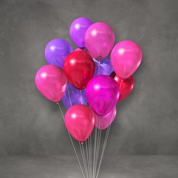 Manojo de globos rosa sobre un fondo de pared gris. Ilustración 3D render