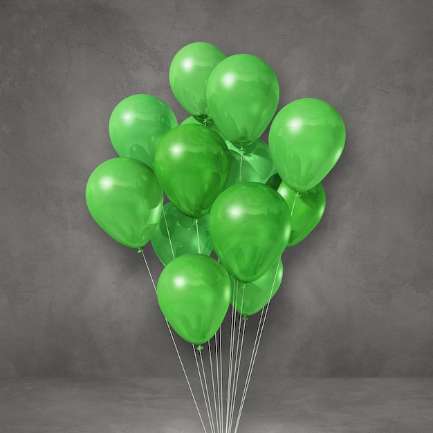 Manojo de globos verdes sobre un fondo de pared gris. Ilustración 3D render