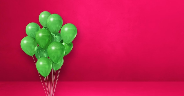 Manojo de globos verdes sobre un fondo de pared rosa. Banner horizontal. Ilustración 3D render