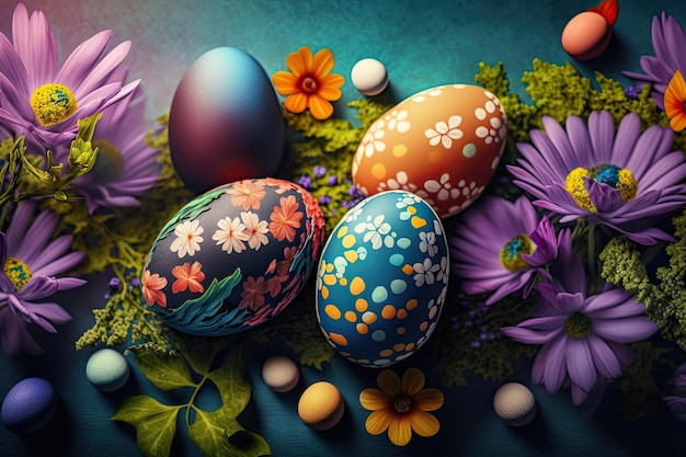 Manojo de huevos de Pascua con fondo festivo de flores para el diseño decorativo