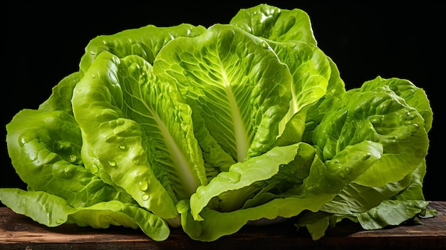 un manojo de lechuga encima de una mesa de madera