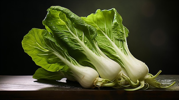 un manojo de lechuga encima de una mesa de madera