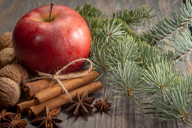 Manojo de manzana roja de anís canela estrellas follaje de pino y nueces comunes con conchas