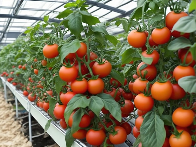 Un manojo de tomates en una planta verde y roja.