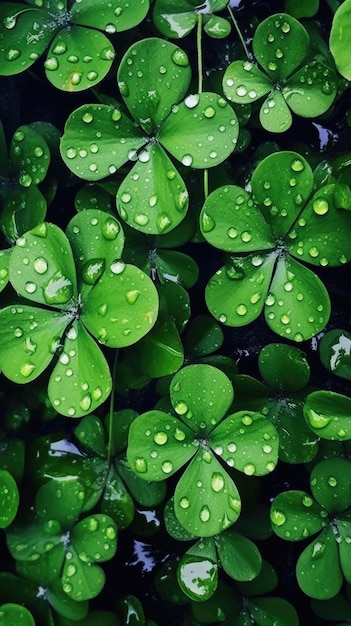 Un manojo de tréboles con las gotas de lluvia sobre ellos