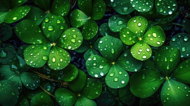 Un manojo de tréboles con las gotas de lluvia sobre ellos