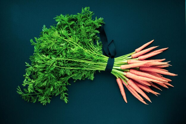 Manojo de zanahorias frescas con hojas verdes atadas con cinta festiva