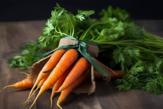 Manojo de zanahorias frescas y jugosas con verduras atadas juntas