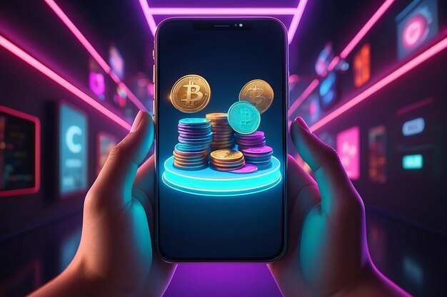 Manos 3D sosteniendo un teléfono celular con monedas en la pantalla luces de neón concepto futurista de juego para ganar
