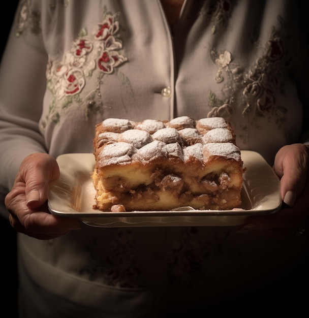 Las manos de la abuela vieja sosteniendo el pastel de tiramisu en la bandeja