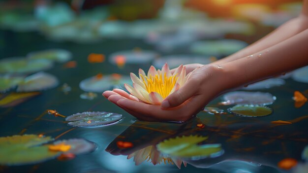 Las manos acunando una flor de loto en aguas tranquilas