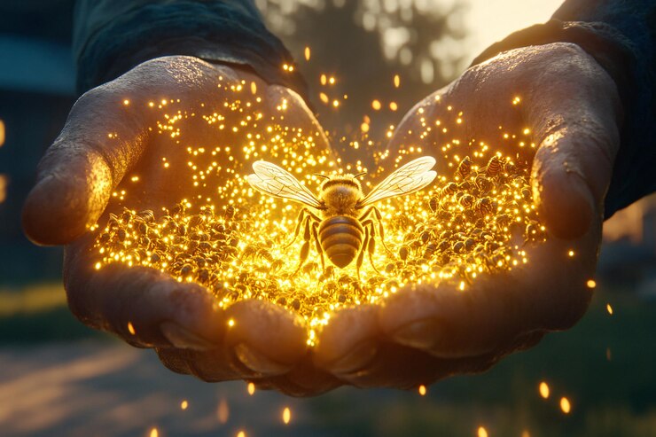 Las manos acurrucando una abeja en medio de partículas brillantes al atardecer